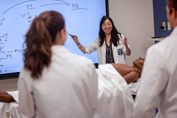 A nursing faculty member in front of a whiteboard does a demonstration for students in a nursing simulation lab