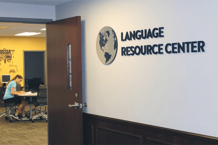 Language Resource Center A student studying inside SLU's Language Resource Center