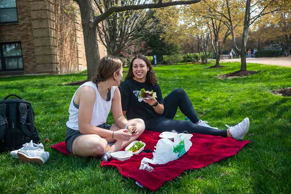 SLU Dining Hall Two students eat on a blanket outside on SLU's campus.