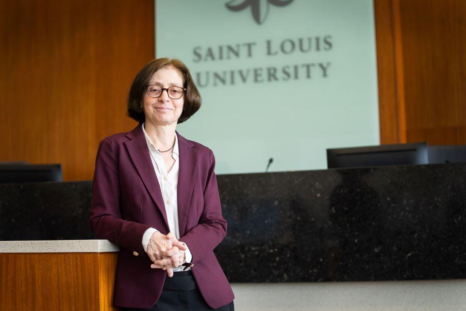 Wendy Parmet poses in the courtroom in Scott Hall Wendy Parmet poses in the courtroom in Scott Hall for the annual health law symposium
