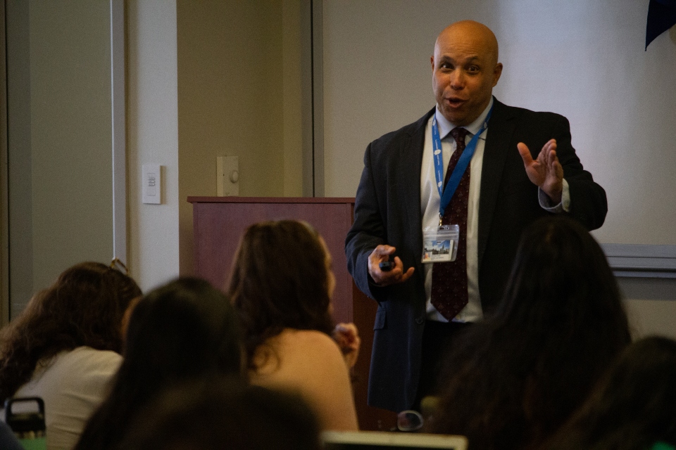 Michael Duff stands in front of the classroom at Scott Hall