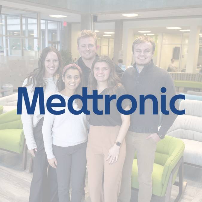 Medtronic graphic showing their logo. In the backround is a faded photo of the intern team.