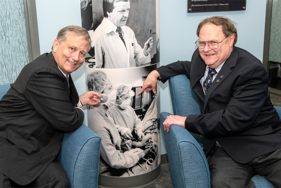 Keith Naunheim, M.D., (left), and Charles Andrus, M.D., (right), pioneering one of the earliest laparoscopic cases at Saint Louis University Hospital. Keith Naunheim, M.D., (left), and Charles Andrus, M.D., (right), pioneering one of the earliest laparoscopic cases at Saint Louis University Hospital.