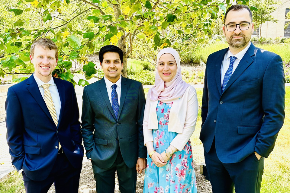 group photo of the 2023 GI Fellowship Graduates pictured from left to right: Benjamin Schmidt, M.D. Anuj Chhaparia, M.D. Leen Al-Sayyed, M.D. Gebran Khneizer, M.D. group photo of the 2023 GI Fellowship Graduates pictured from left to right: Benjamin Schmidt, M.D. Anuj Chhaparia, M.D. Leen Al-Sayyed, M.D. Gebran Khneizer, M.D.