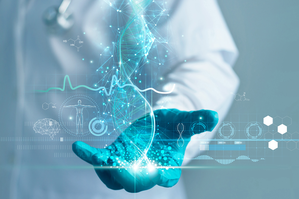 advancing-medicine-cover Photo of surgircal hand stretched out with an animated DNA strand hovering above the hand