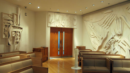 Chapel of the Good Shepherd - view toward entrance Interior view of the Chapel of the Good Shepherd, St. Peter's Lutheran church, designed by artist Louise Nevelson. The view is toward the entrance of the chapel.