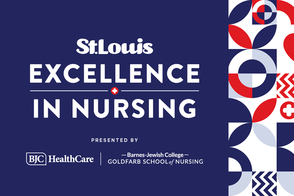 St. Louis Magazine Excellence in Nursing graphic A red, white and blue multi-colored graphic.