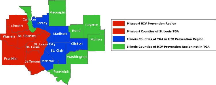 Grant area map Map showing counties involved in the grant. In Missouri, St. Louis City, and the counties of St. Louis, St. Charles, Warren, Lincoln, Jefferson and Franklin are labeled as the Missouri H I V prevention region and Missouri counties of the T G A. On the Illinois side, the counties of Clinton, Madison, St. Clair, Monroe and Jersey are labeled as counties of the T G A in H I V prevention region. Counties of Calhoun, Macoupin, Bond, Fayette, Marion, Washington and Randolph are labeled as Illinois counties of H I V prevention region not in the T G A.